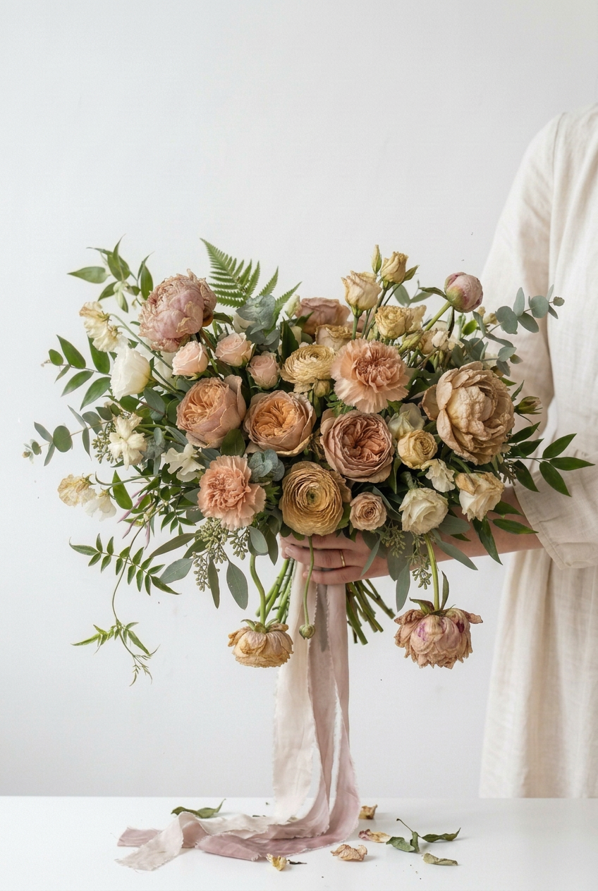 El mismo ramo mixto de flores con aspecto marchito natural